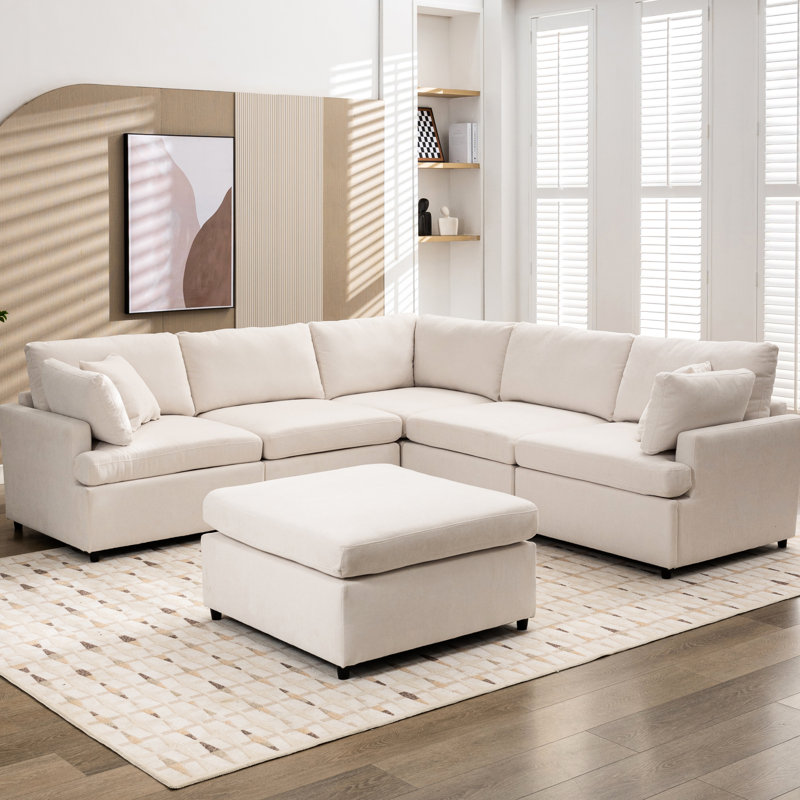 Canapé modulaire amovible. 6 canapé en U pour le salon. Spacieux. Cadre en bois massif. Tissu. Sièges rembourrés en coton PP. Housses de coussin. Hauteur du siège: 18,9 po 28,3 po Beige L 100,4 po x