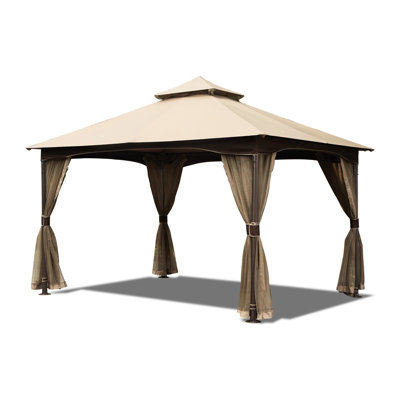 Pavillon de jardin d'extérieur 10 pi x 13 pi - métal, double toit souple, filet, imperméable, -,,, stable, toit en métal kaki avec filet pour terrasse de jardin cour arrière kaki imperméable et