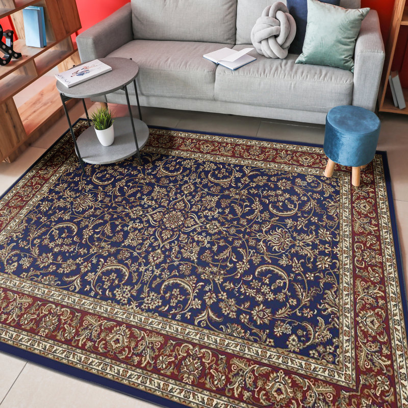 Traditional Oriental Floral Area Rug in Navy Blue, Rectangle 9'10" x 12'10"