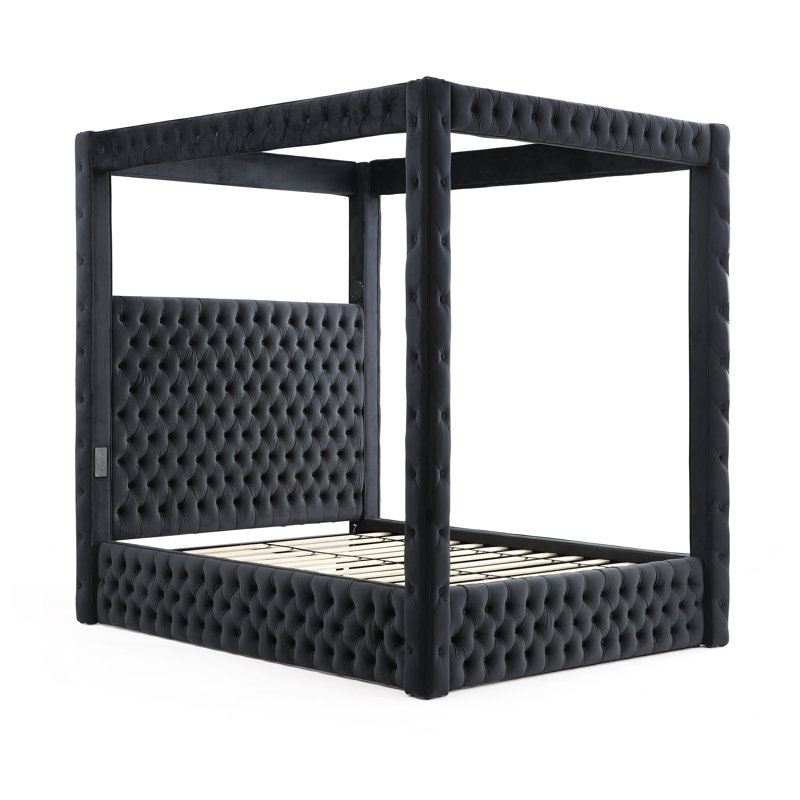 Black Velvet Tufted Upholstered Queen Canopy Bed Frame
