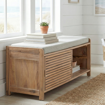 Rustic Entryway Storage Bench With Cushion - Shutter Door Organizer For Shoes And Accessories