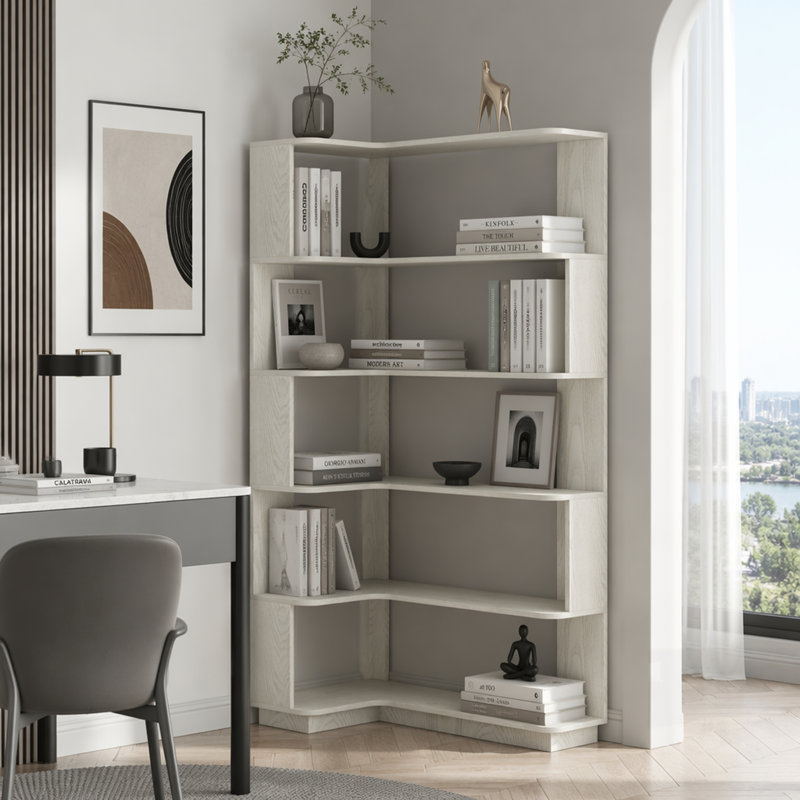 Bibliothèque de coin en L à 5 niveaux avec panneau anti-chute et dispositif de basculement pour bureau à domicile et salon