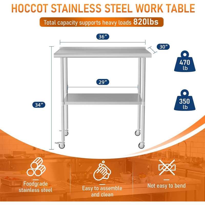 Table de préparation en acier inoxydable avec roulettes inférieures réglables Table en acier inoxydable pour cuisine commerciale