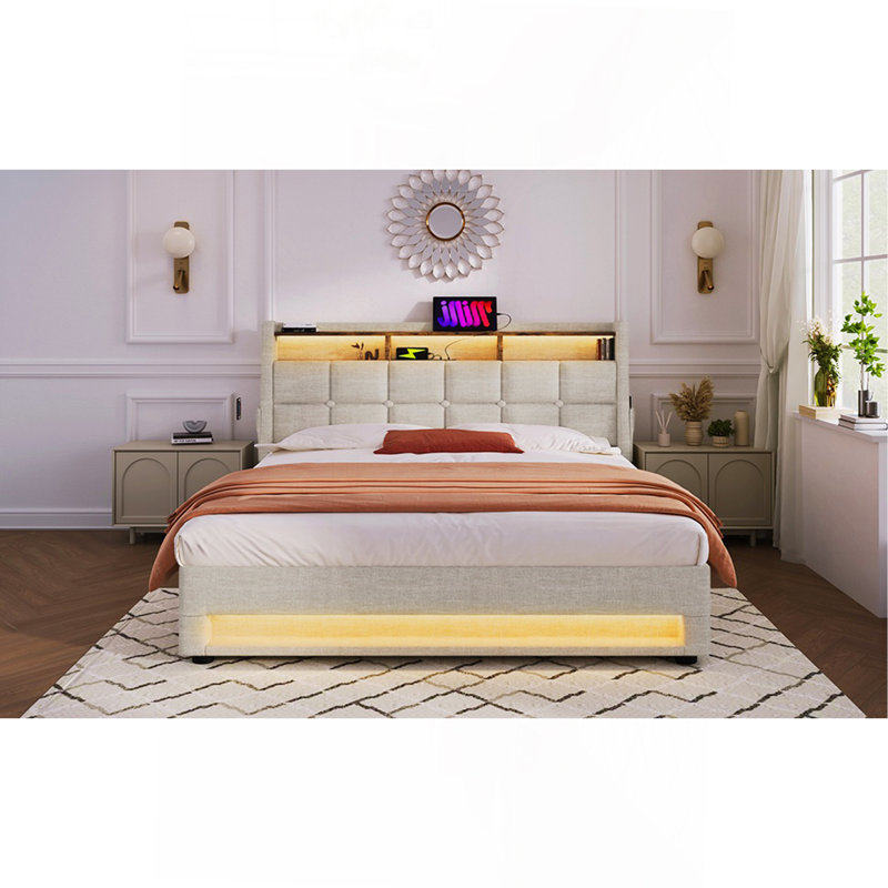 Lit plateforme tapissier avec système de rangement hydraulique, chargement DEL et USB (sans matelas), Lit double, Naturel