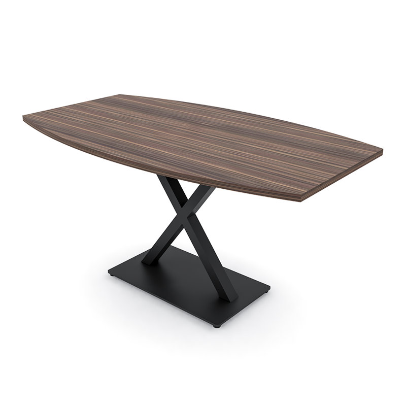 Table de conférence en forme de bateau avec base en X en métal, L 72 po x l 36 po, Noir mat, Eucalyptus naturel