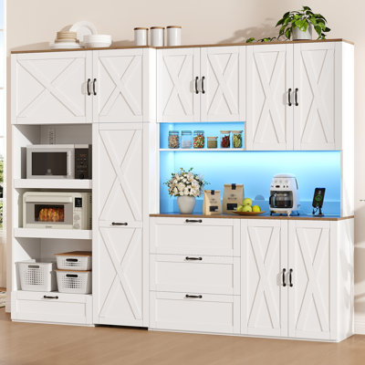 71" Tall Kitchen Pantry With LED Lights And Charging Station, Pull-Out Storage, 8 Doors, 4 Drawers, Open Shelves