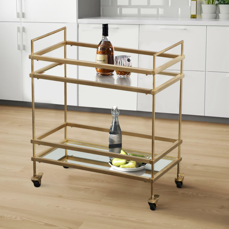 Florentin Elegantly Charmed Bar Cart with 2 Mirrored Shelves, Gold
