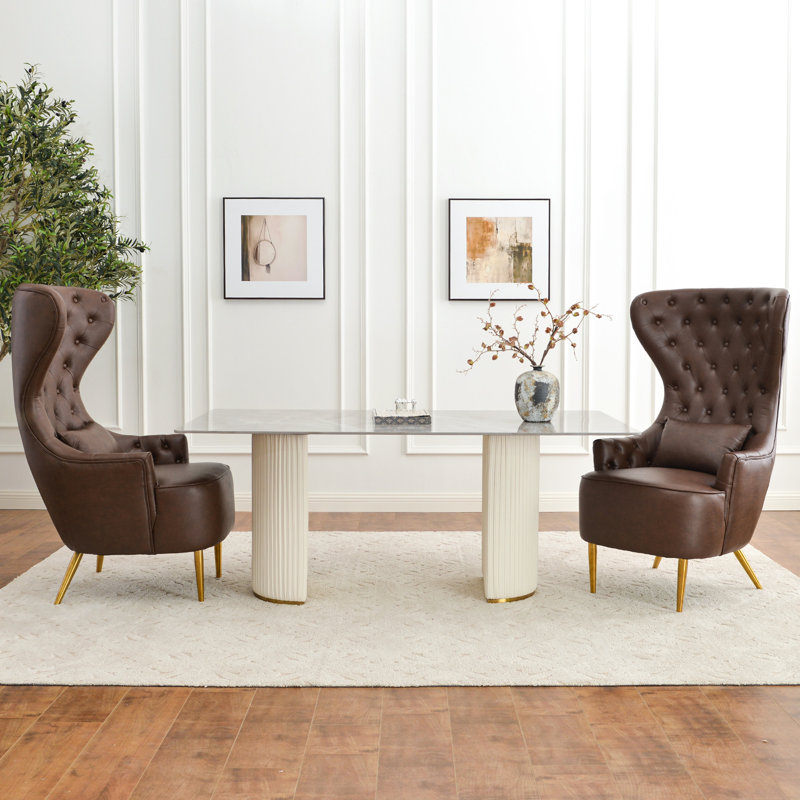 Flaxville Tufted Wingback Chair (Set of 2), Brown Faux Leather