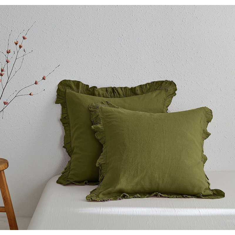 Housses de taies décoratives 100% lin à volants, 2 pièces Housses de coussin 26 x 26 pouces, Vert olive