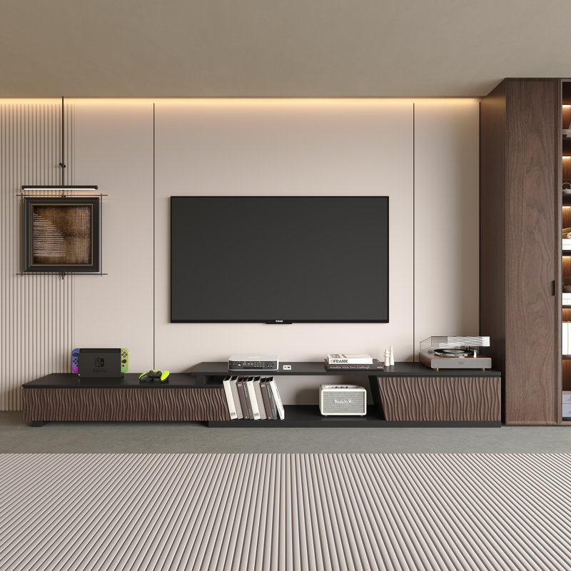 Meuble télé Mid-Century moderne pour téléviseur avec tiroirs de rangement et tablette ouverte de 71 à 110 po