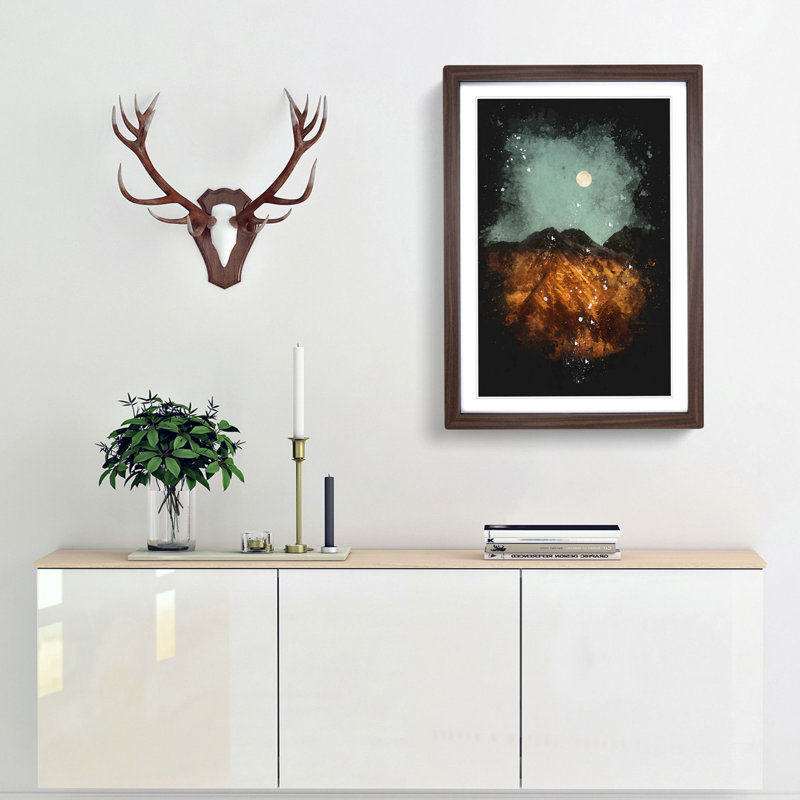 Moon Over The Mountains In Italy Paint Splash - Picture Frame Graphic Art, 33cm H x 24cm W x 2cm D, Walnut Framed