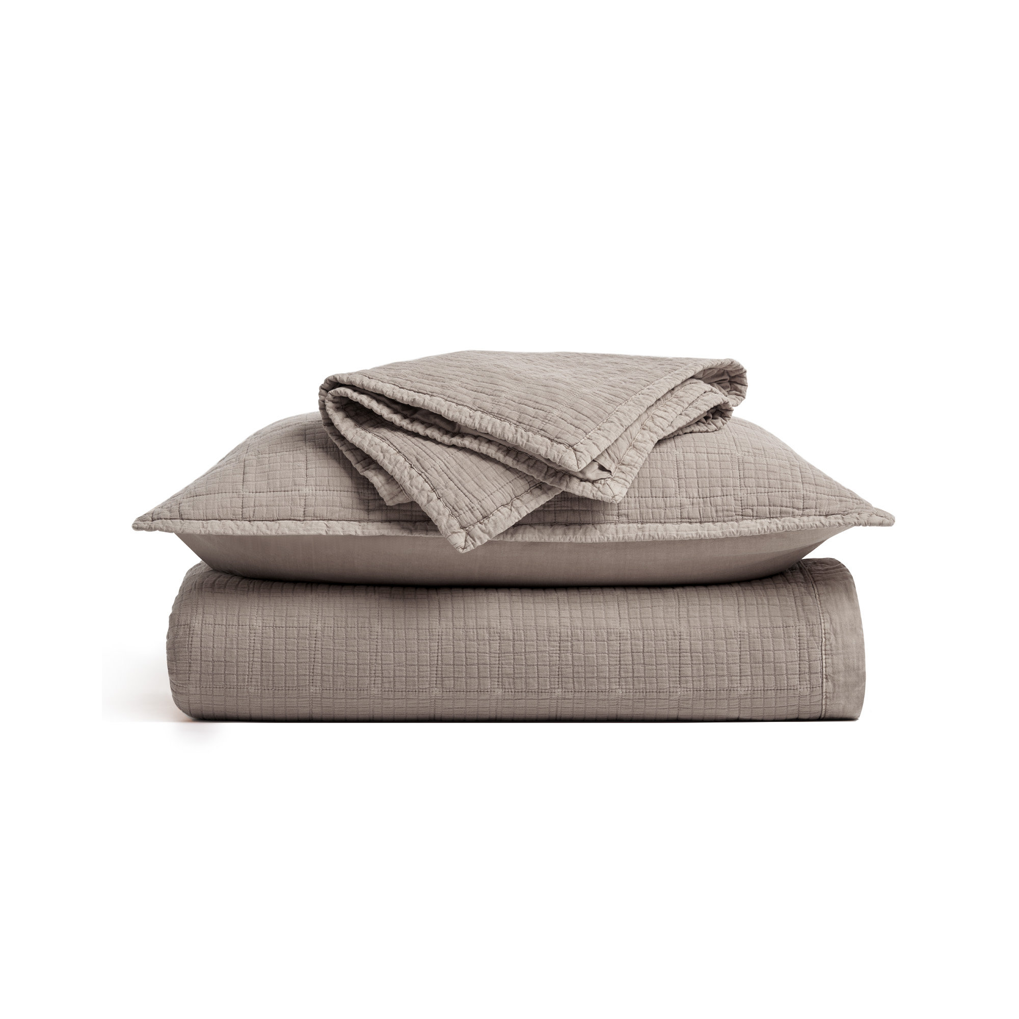 Stonewashed Crinkle Cotton Box Stitch Quilt Set, Truffle Taupe Brown, Queen Quilt + 2 Queen Shams
