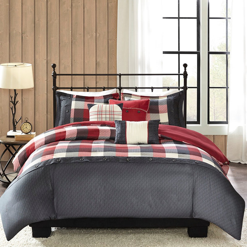 Housse de couette 6 pièces à chevrons dans des tons audacieux et coussins décoratifs, Red/Dark Grey