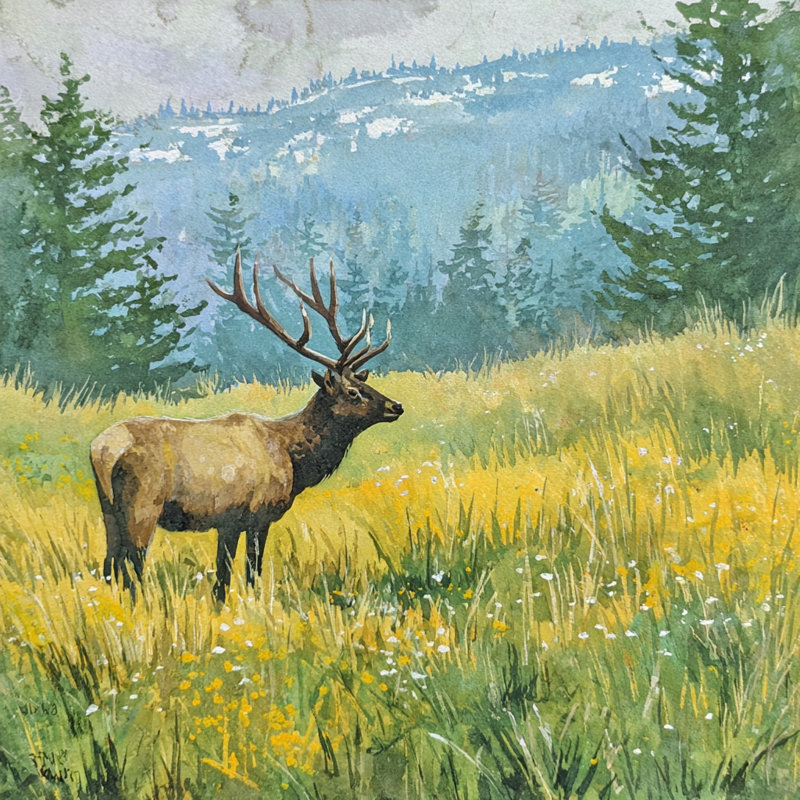 «Elk in Summer Meadow», art mural sur toile tendue, H 20 po x l 20 po