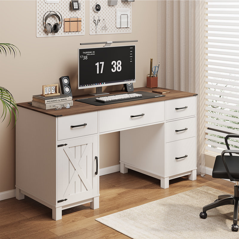  58'' Farmhouse Executive Desk With Drawers, Computer Desk With Storage Cabinet And Power Outlets For Home Office