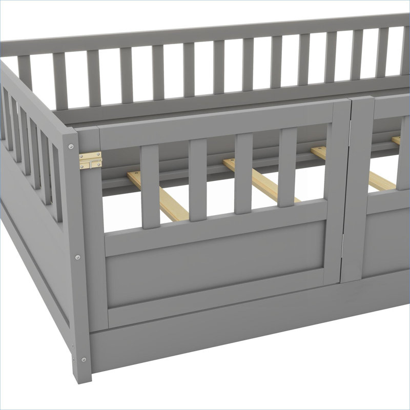 Kids Bedroom Twin Size Montessori Solid Pine Platform Floor Bed With Security Barrier Neutral Grey, Grey