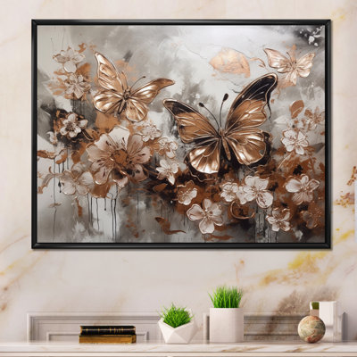 «Ryus Rose Gold Butterfly Wings And Flowers I», reproduction sur toile