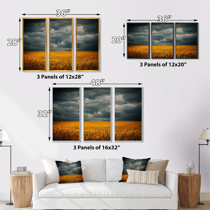 «Stormy Clouds Over Wheat Field» - ensemble d'art mural sur toile encadré paysage, Cadre flottant noir