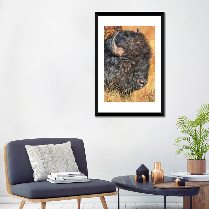 «Bison Portrait» par David Stribble - impression sur toile tendue, H 32 po x l 24 po x P 1 po, Papier d'art encadré noir