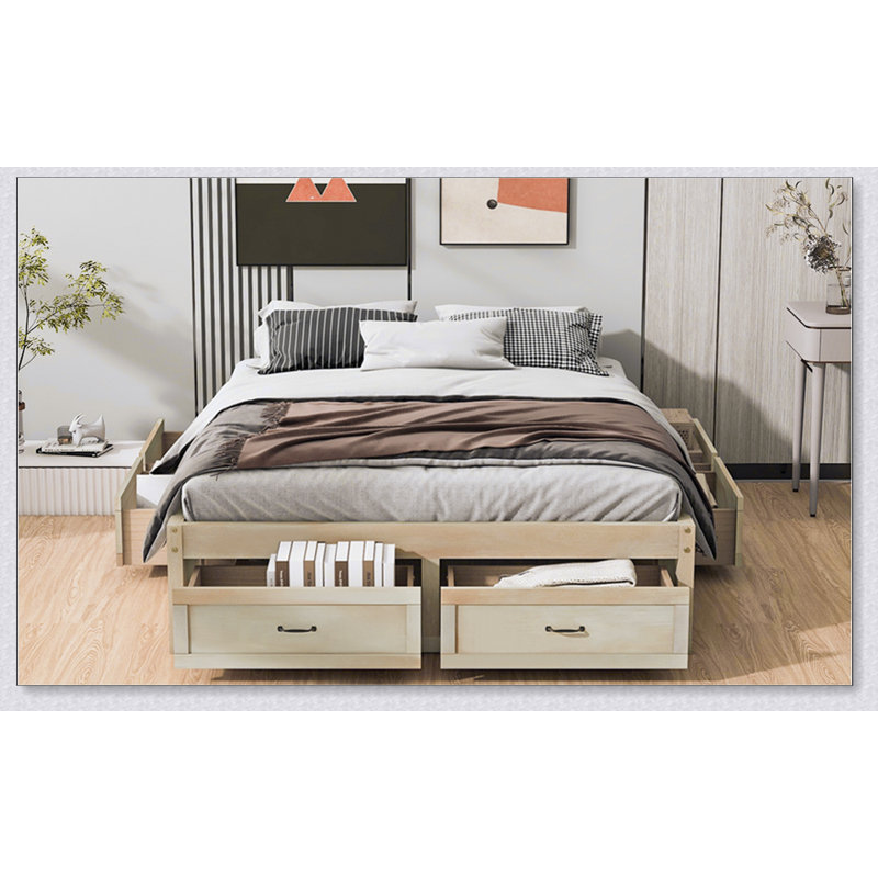 Platform Bed With 6 Storage Drawers,, Naturel antique, Grand lit