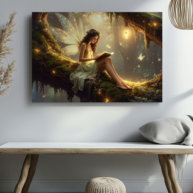 "Firefly Forest Fairy", lecture d'art sur toile, "Spirit on Mossy Branch", H 20 po x l 30 po