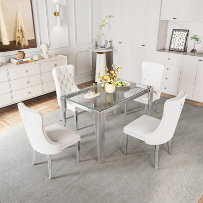 5 Piece Dining Table Set,80.71” Rectangular Glass Dining Table And 4Luxurious Velvet Chairs