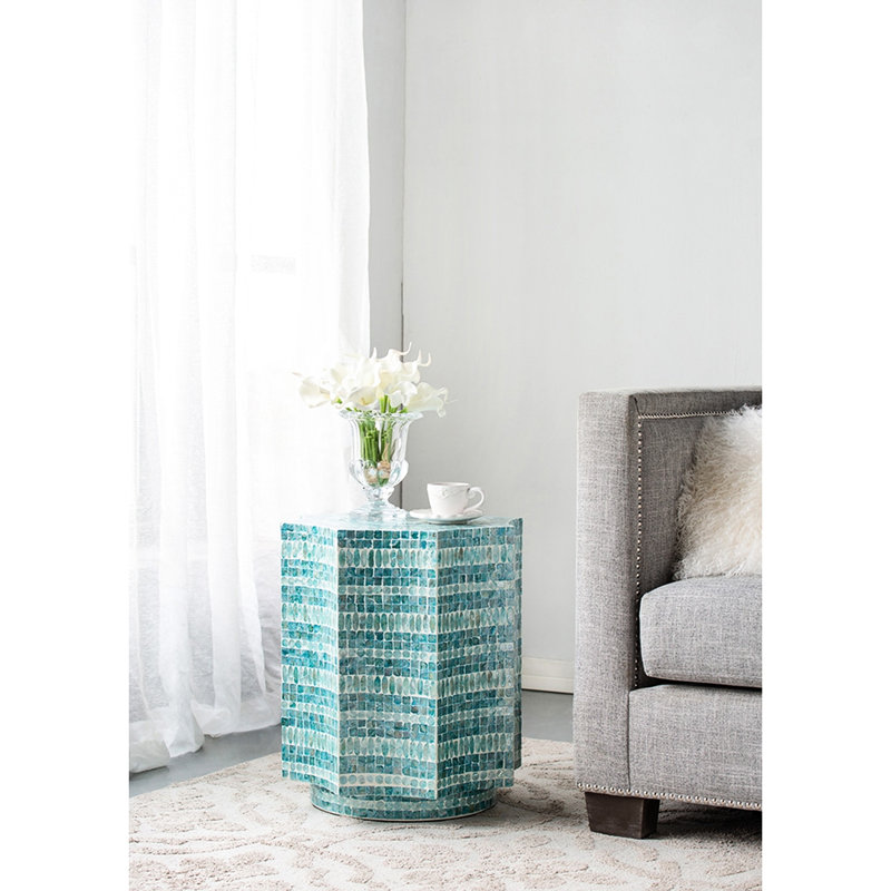 Tabouret à piédestal turquoise avec dimensions de 17 x 17 x 20 pouces, incrustations et motifs floraux, idéal pour les vestibules, pouvant servir de table d'appoint ou de table d'appoint, 80% 20% de pouces de mesure, motifs en losange, vie idéale