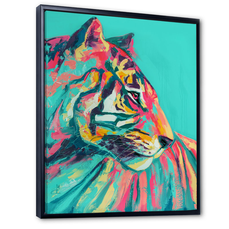 Pop Art turquoise et tigre rose - décoration murale moderne en toile, H 40 po x l 30 po x P 1,5 po