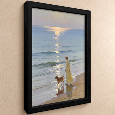 Woman and Her Dog on the Beach Black Framed Canvas Wall Art for Dining Room, Bedroom and Study