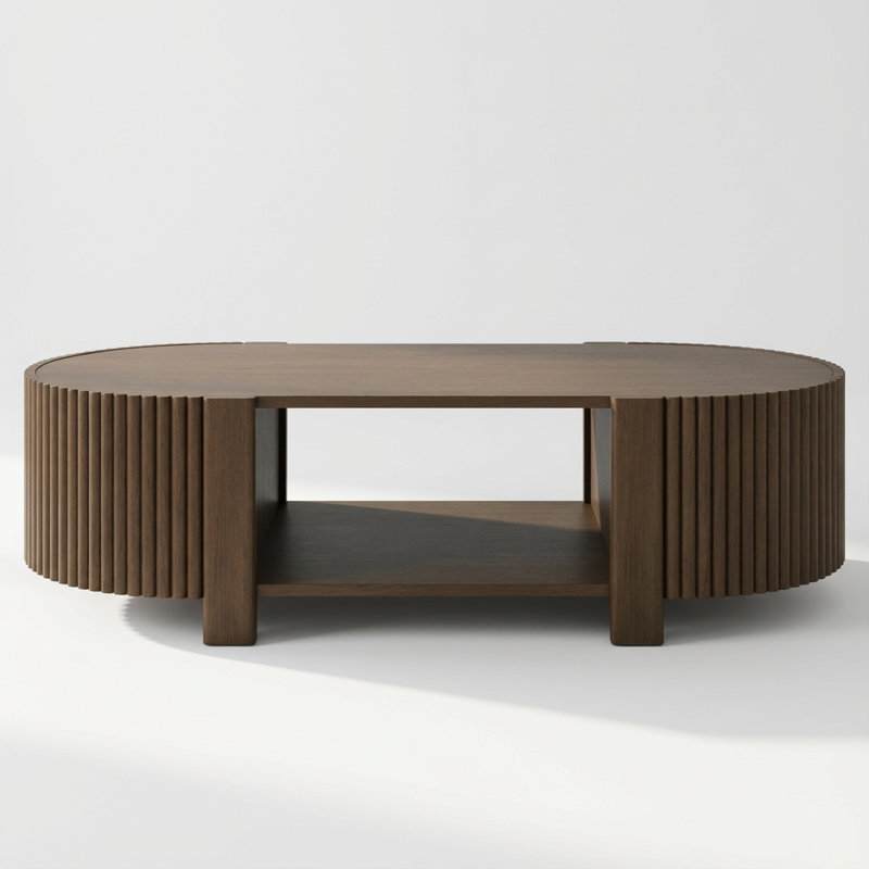 Table basse ovale cannelée avec rangement pour l'organisation moderne du salon