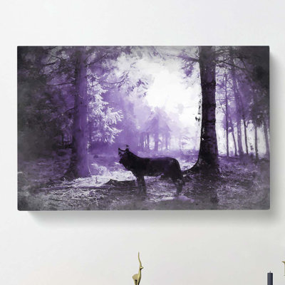 Black Wolf in a Purple Forest in Abstract - Wrapped Canvas Painting Print