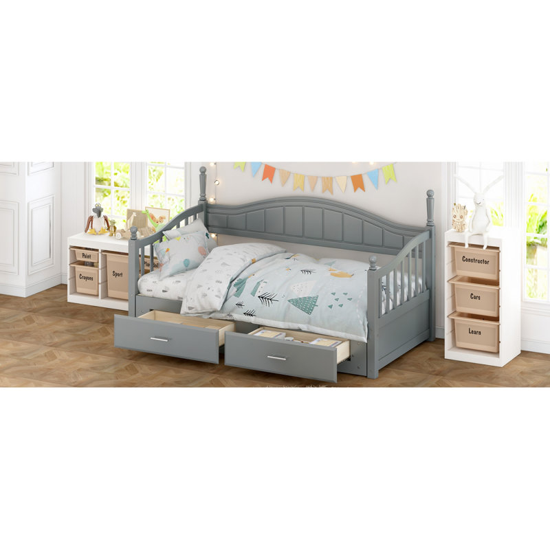 Wooden Daybed With Trundle, Extendable Daybed With Two Storage Drawers, Gray