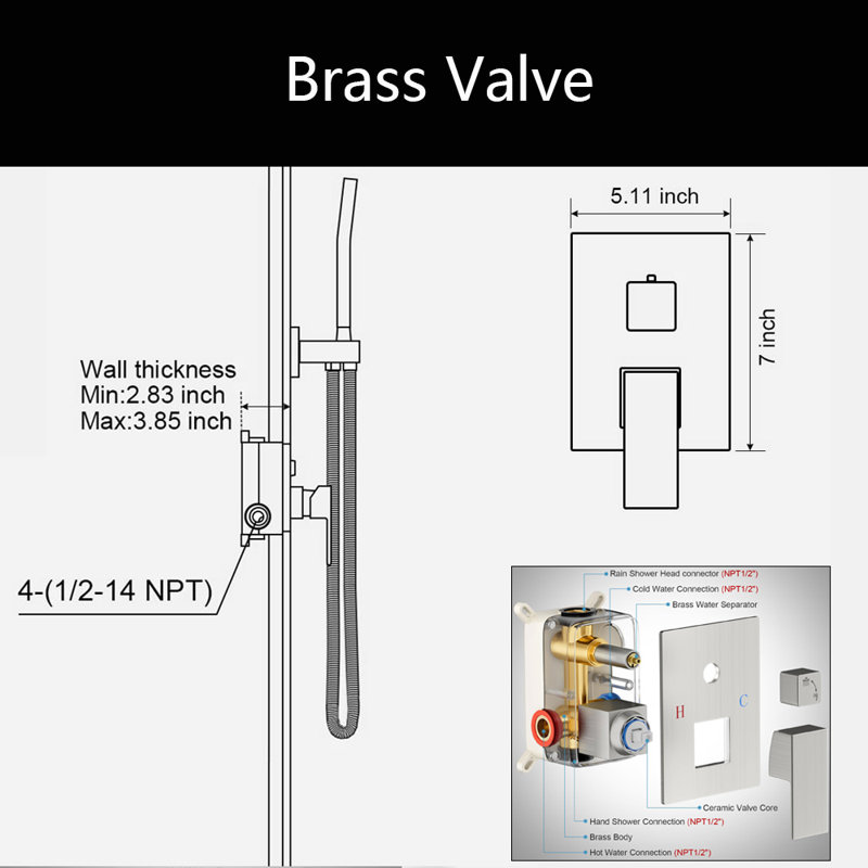 10 Inch Square Rain Shower Head And Hand Held Showerhead, Wall Mounted Shower Fixtures With Shower Valve And Trim Kit