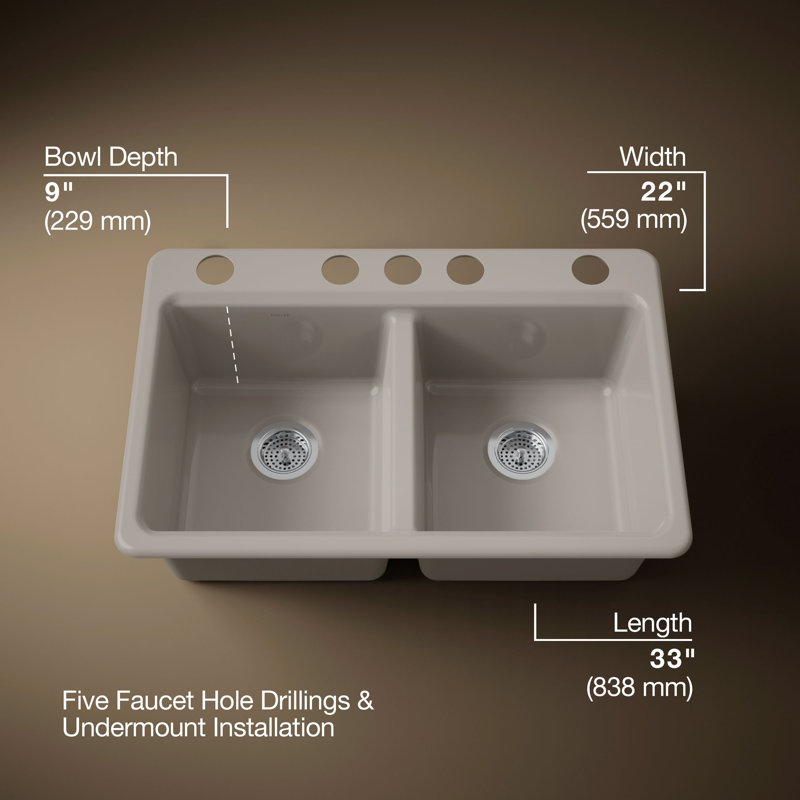 Riverby® 33" undermount double-bowl workstation kitchen sink, Truffle