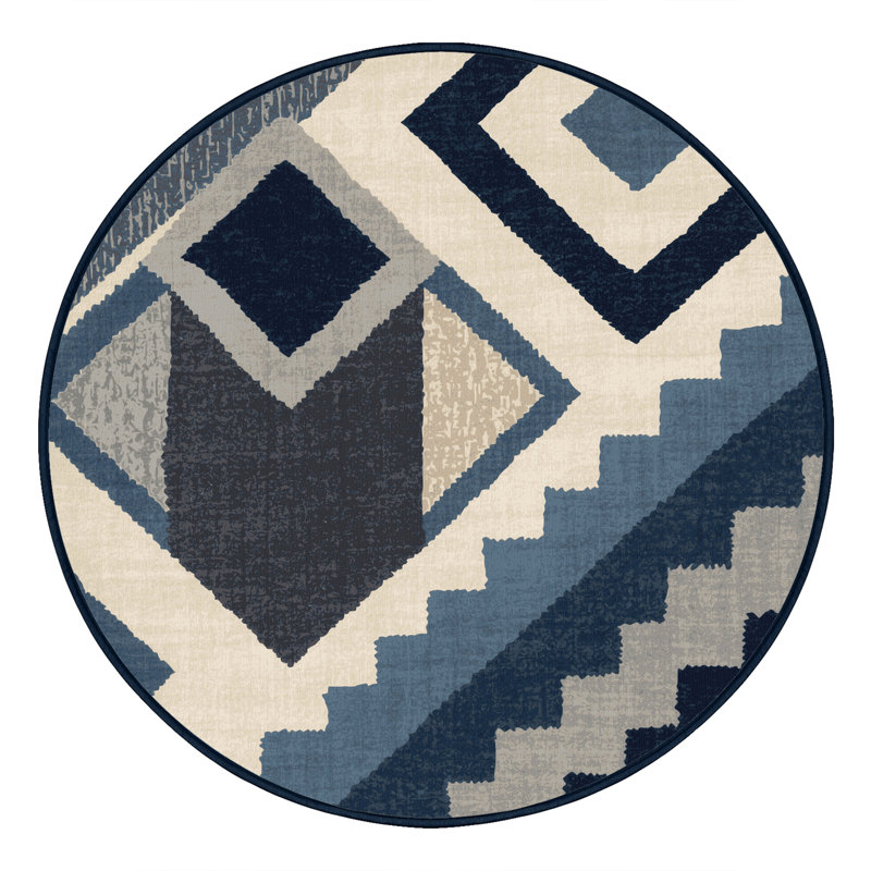 Machine Washable Paulett Global Inspired Block Print Rug in Beige – Navy Binding, 7' Round