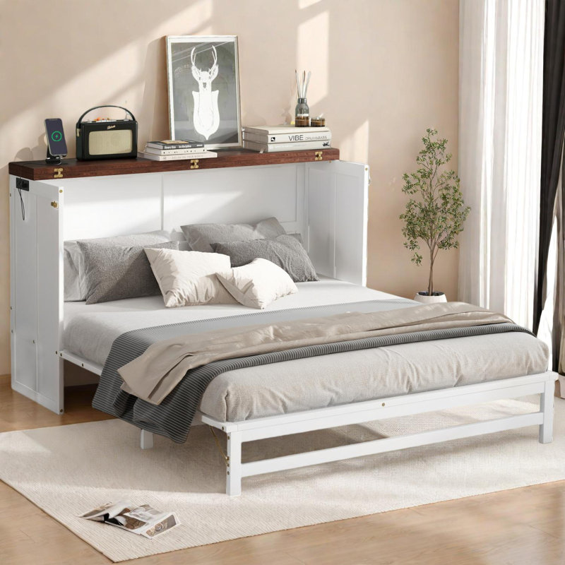 Grand lit escamotable avec tiroir de rangement et station de charge, Grand lit