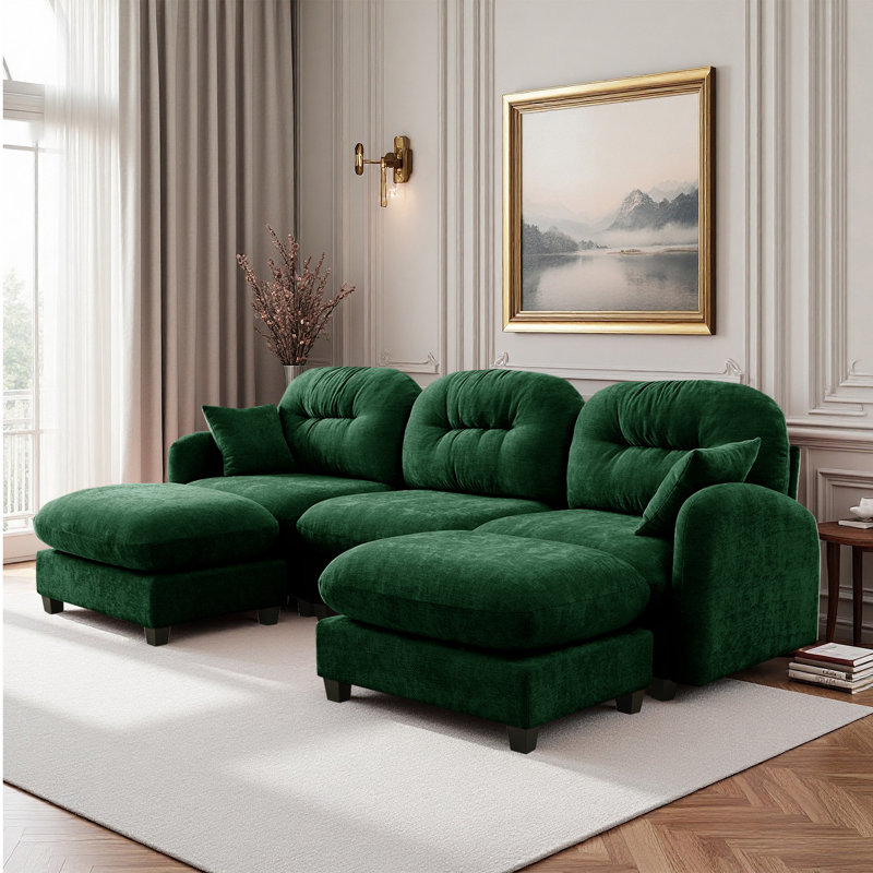 Sectional U Shaped Couch With 2 Ottoman, Chenille Sofa, Green Chenille
