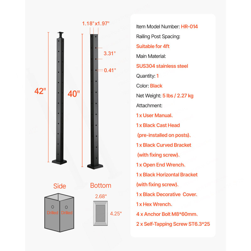 Poteau de garde-corps en câble, poteau d'angle 42 po x 1 po x 2 po, avec trous pré-percés en forme de L, poteau de garde-corps en acier inoxydable avec support horizontal et incurvé, paquet de 1, noir