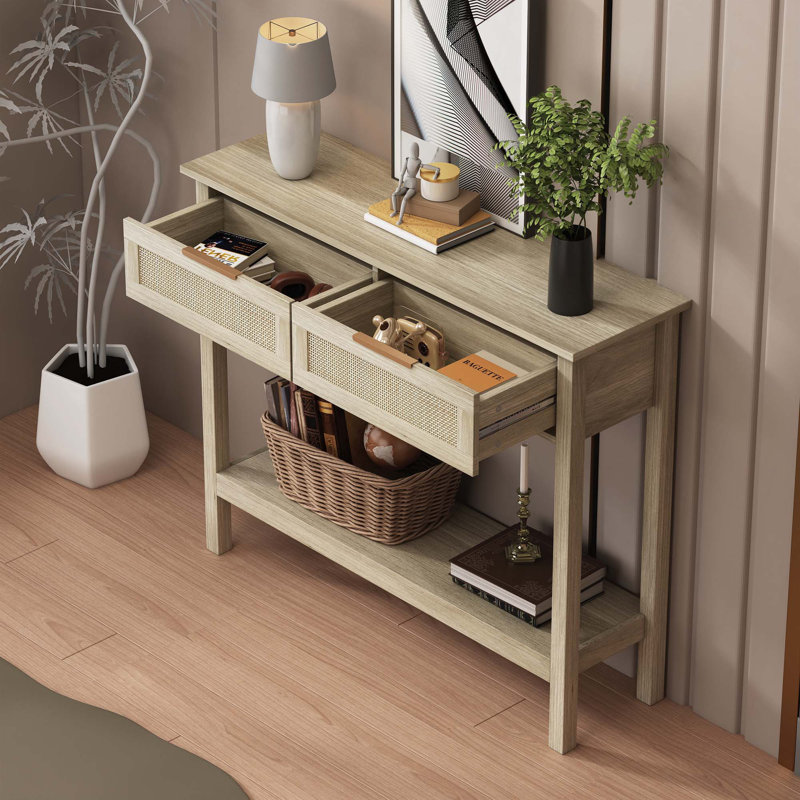 Console de style bohème avec 2 tiroirs en rotin et une tablette de rangement inférieure pour le hall d'entrée