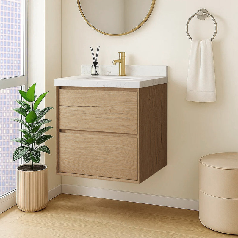 Wall-mounted Single Bathroom Vanity With Carrara White Engineered Stone Top And Ceramic Sink, 24"