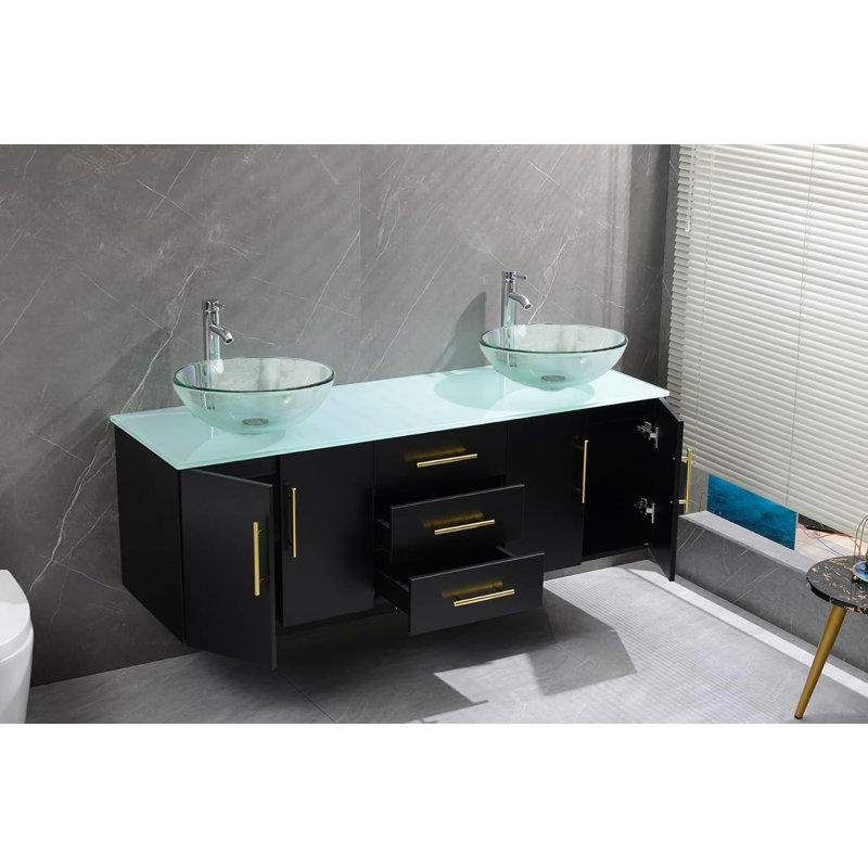 Ensemble de meuble-lavabo mural double, Noir, noir, noir, noir