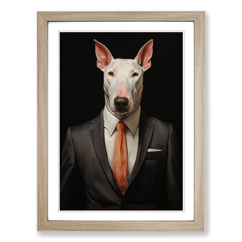 XYZ-FRM-V1223-653 English Bull Terrier In A Suit Painting No.2 - Single Picture Frame Print on Wood, Oak