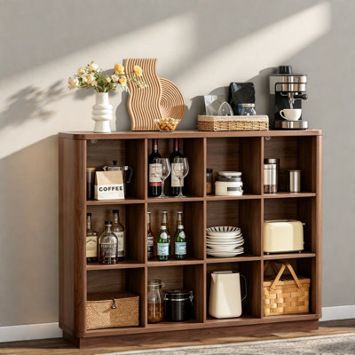 Spacious Storage Bookcases, Walnut MDF 12 Cube Farmhouse Shelf for Home