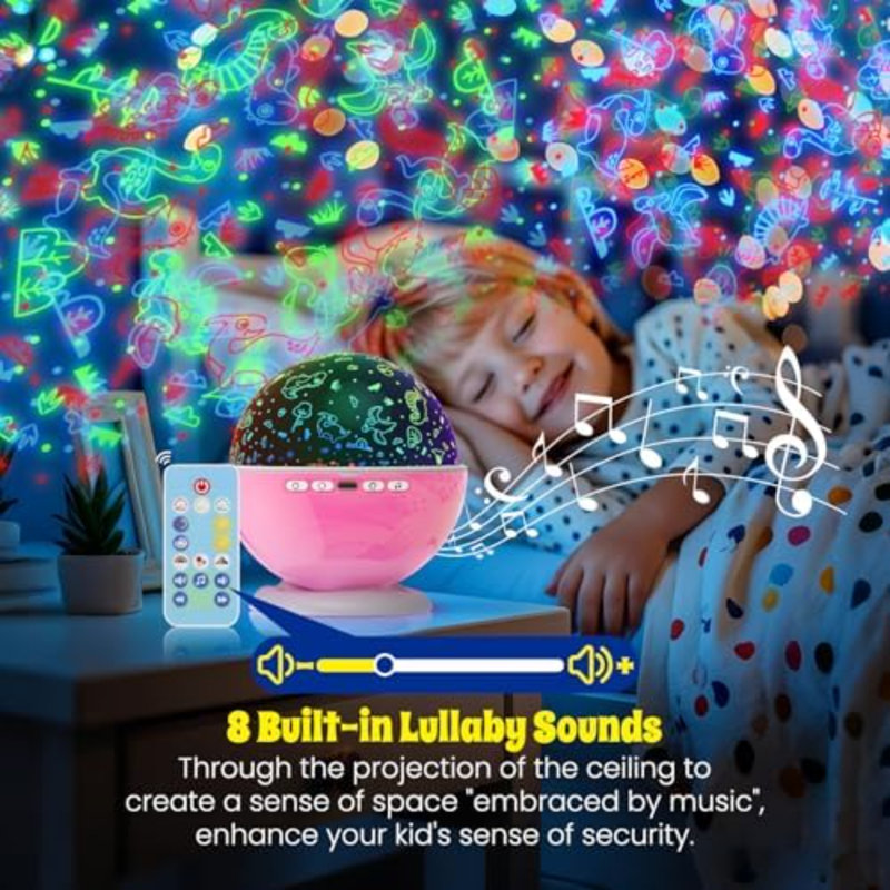 Night Light Projector,Night Light for Kids Room with Remote and Timer,360° Rotation,3 Projection Films,18 Light Modes,8 Lullaby Songs,Kids Night Lamp, Christmas Birthday Gifts for Boys Girls (Pink)