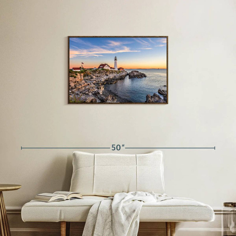 Coucher de soleil sur le phare de Portland Head, Cadre flottant noyer, 31 po x 21 po