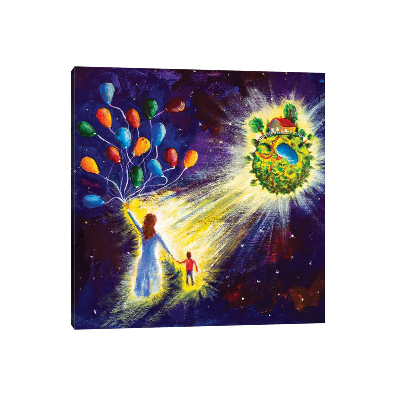 Family Are Flying In Starry Cosmos Space On Balloons To His Dream by Valery Rybakow - Wrapped Canvas Painting