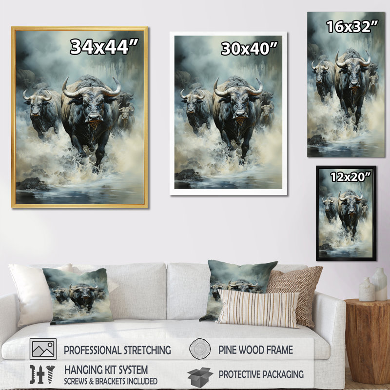 Kemaria, Afrique, Buffalo Migre II, reproduction sur toile, H 44 po x l 34 po x P 1,5 po, Cadre flottant doré