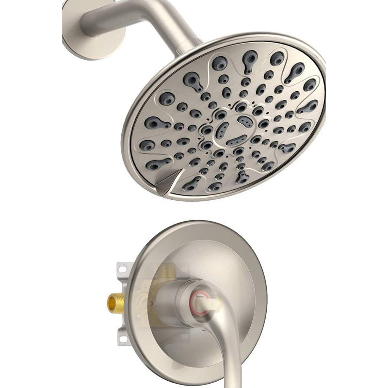 Single Handle 6 - Spray Pattern Shower Head With Wall Mounted Installation, Included Rough In Valve, 360 Adjustable Joint, Holes, Lever For Temperature Adjustment, Brushed Nickel Plastic Construction