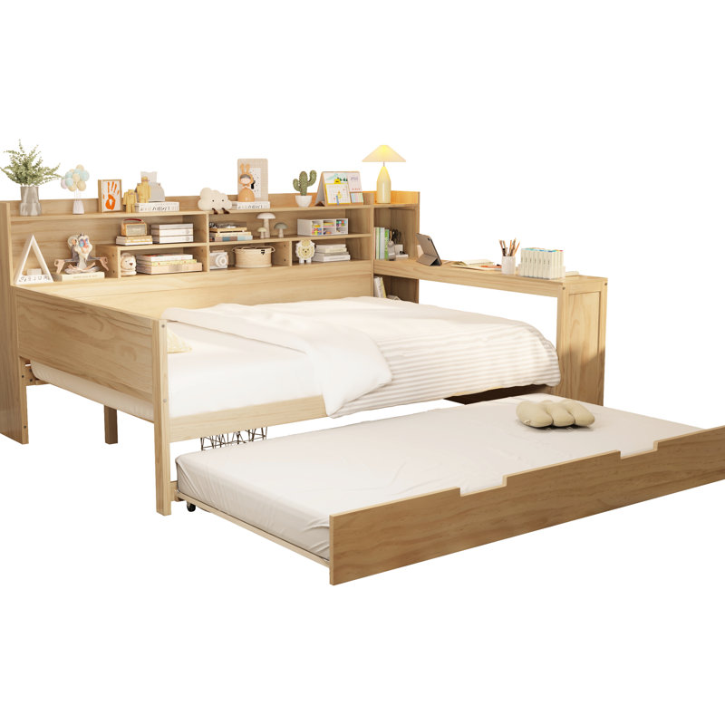 Wooden Daybed With Space Storage Facilities, Twin Size Trundle Bed And Handy Study Table In Natural Wood Options, Convenient Desk