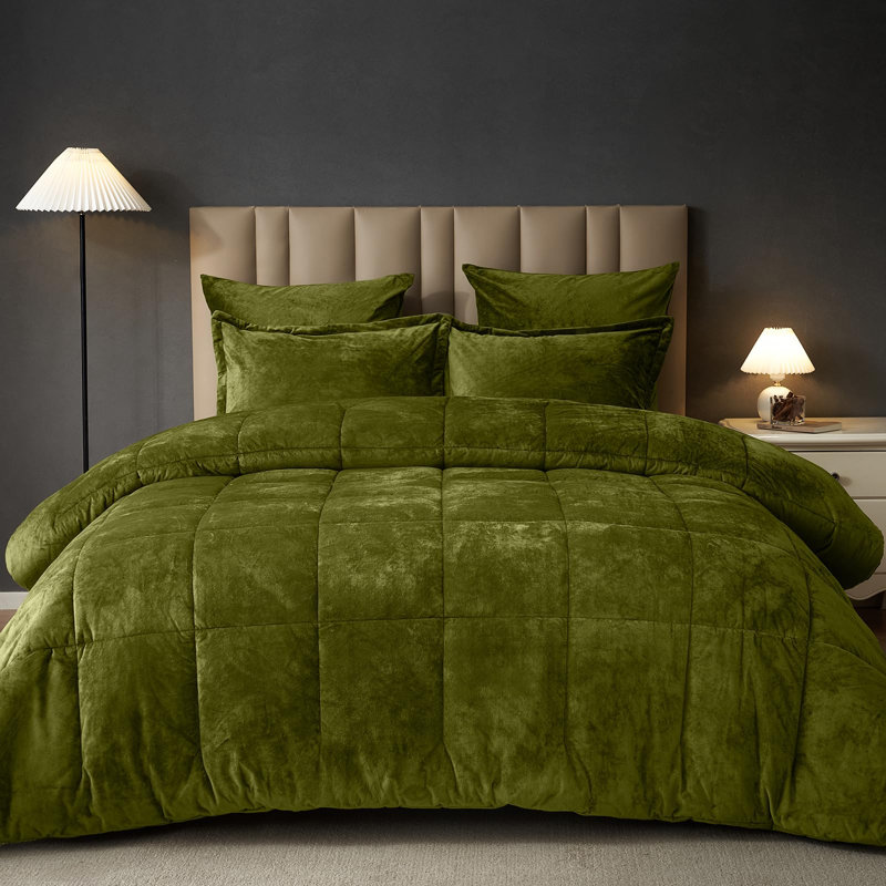 PHF Double-Sided Velvet Comforter Set, 5 Piece Soft Luxury Winter Warm Bedding Sets, Modern Bed in A Bag, Olive Green